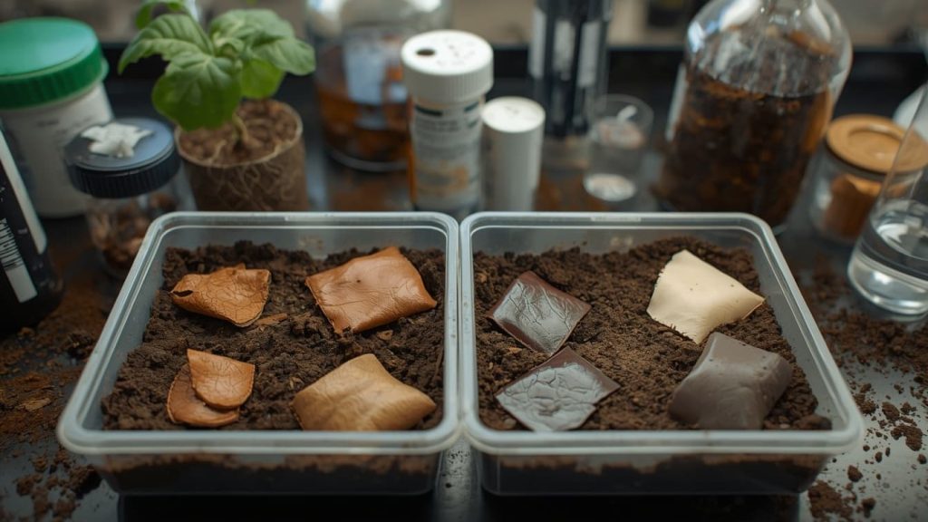 Leather and synthetic materials being studied in a biodegradation laboratory