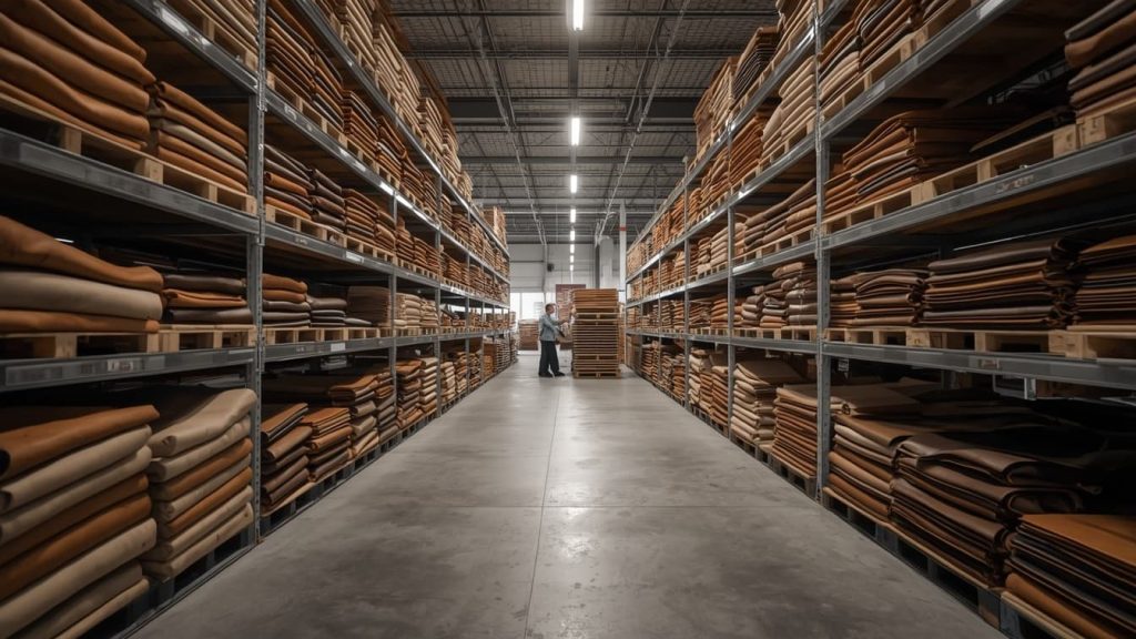 Finished leather hides stored on racks in a footwear factory warehouse