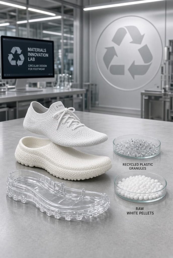 Disassembled shoe components, clear TPU outsoles, and recycled plastic pellets on a laboratory workbench.