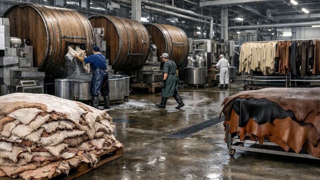 Leather tannery showing stages from raw hides to processed leather