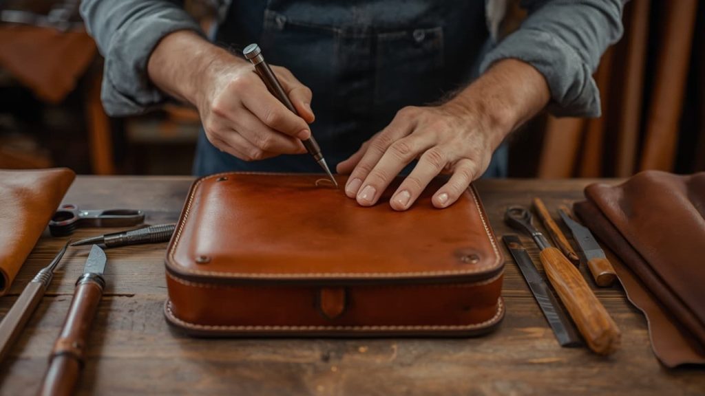 Leather artisan hand-stitching a brown leather bag with crafting tools on a wooden bench.