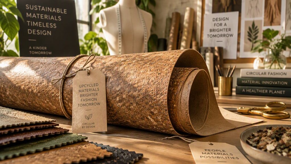A close-up view of an eco-friendly premium leather alternative material inside a sustainable fashion design studio.