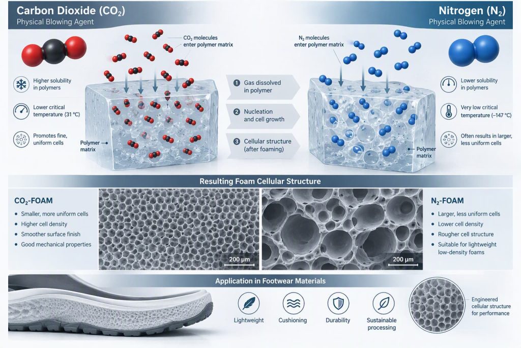 CO2 and nitrogen physical blowing agents in supercritical foam