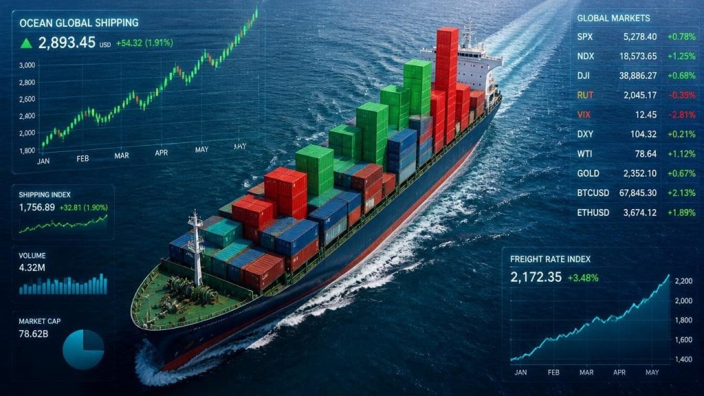 Aerial view of an ocean cargo container ship handling international consumer freight containers.