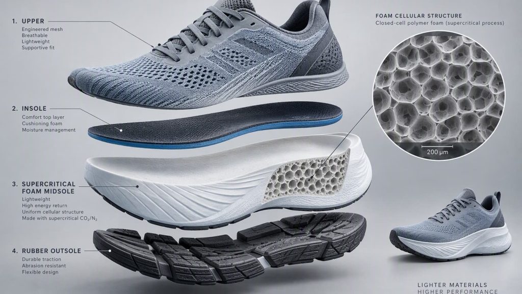 Exploded footwear construction showing supercritical foam midsole