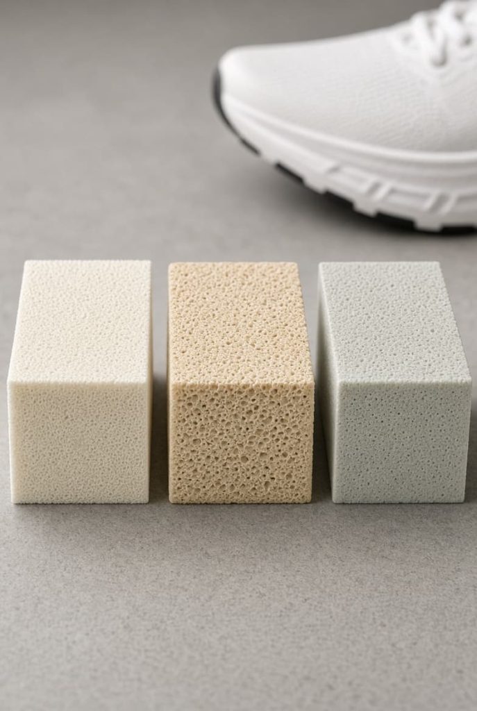 Illustrative comparison of three footwear foam samples representing PEBA, EVA and TPU materials.