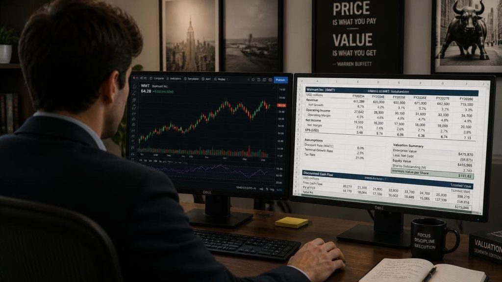 Financial market analyst evaluating corporate retail stock performance and candlestick charts on dual monitors.