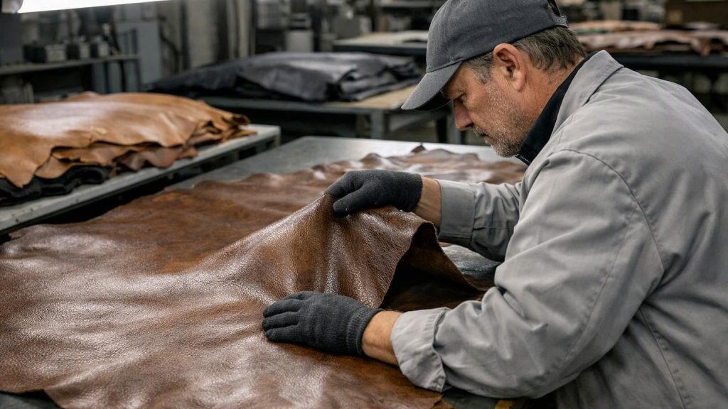 Leather inspector checking grain quality and surface defects