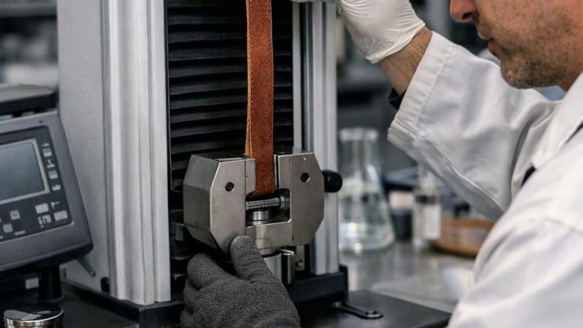 Leather specimen undergoing physical testing in a laboratory