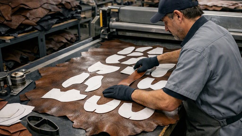 Leather hide being positioned for efficient footwear component cutting