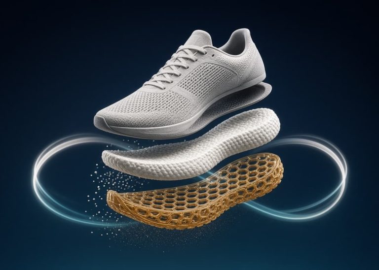 Exploded view of a modern performance shoe showing BASF TPU outsole, Infinergy E-TPU midsole, and sustainable mono-material circular design.