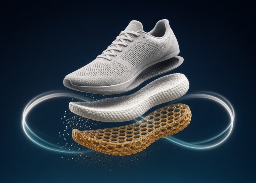 Exploded view of a modern performance shoe showing BASF TPU outsole, Infinergy E-TPU midsole, and sustainable mono-material circular design.
