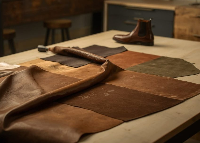Leather hide and footwear showing different leather textures and applications