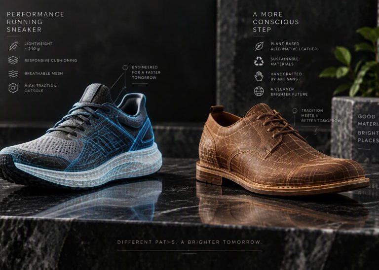 Sustainable athletic sneaker and alternative leather shoe on a dark stone surface with technical wireframe overlays.