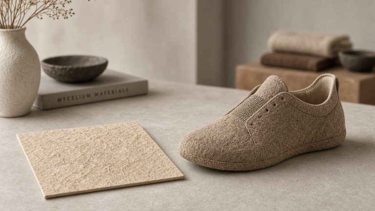 Pure mycelium bio-leather material sample displayed next to a sustainable mushroom leather sneaker upper in a design studio.