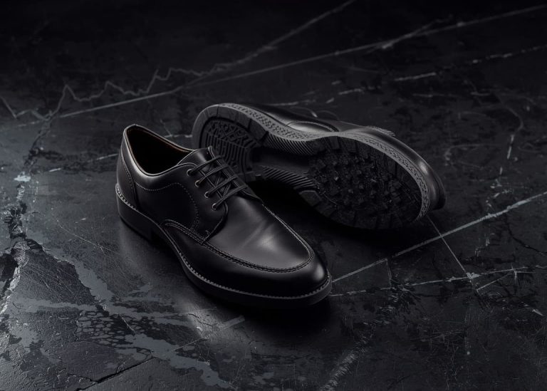 Premium leather dress shoe and athletic running sneaker displayed on dark slate beside faint stock market line graphics.